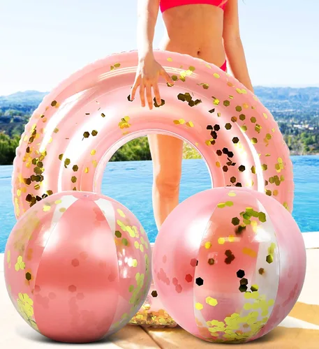 Vista 6 de Mozlly Paquete de pelotas de playa inflables de oro rosa y tubo de flotador de piscina, flotador de piscina y bola de playa con purpurina