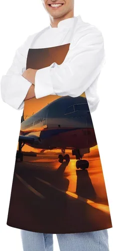 Vista 4 de MUSM Apron for Adults - 27.6 X 31.5 Inch, Heavy-Duty Polyester Aprons with Two Large Pockets, Waterproof Airplane at Sunset Kitchen Apron for