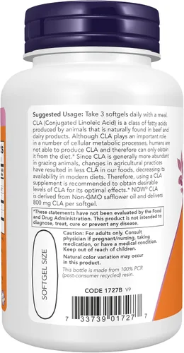 Vista 3 de NOW Supplements, CLA (ácido linoleico conjugado) 800 mg, aceite nutricional, 90 cápsulas blandas