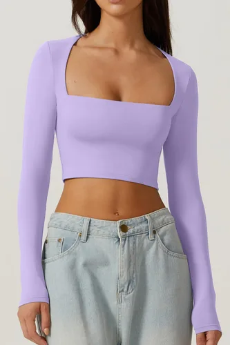 Vista 3 de QINSEN Camiseta corta sexy de manga larga con cuello cuadrado para mujer