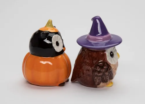 Vista 5 de Juego de salero y pimentero de cerámica fina para Halloween, búho bruja y calabaza, 2-7/8 pulgadas de alto