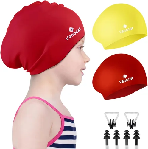 Vista 13 de 2 Pack Kids Swim Caps for Long/Short Hair, Unisex Silicone Swimming Cap for Age 3-15 Children Toddler Youth Teen, Waterproof Shower Cap Bathing Hats