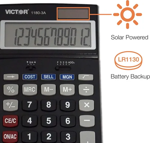 Vista 7 de Victor 1180-3A Calculadora de función estándar de 12 dígitos, batería y pantalla LCD de ángulo ajustable híbrida solar, ideal para escritorios