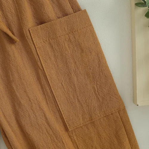 Vista 7 de Pantalones deportivos de algodón y lino para bebés, niños y niñas, elásticos, con botones básicos, estilo harén, ropa de otoño