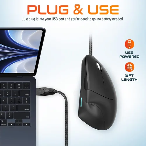 Vista 3 de Delton Ratón ergonómico con cable vertical S12, 6 botones, 3 niveles de DPI ajustables (800/1200/1600) y rueda de desplazamiento 3D, compatible