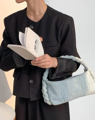 Vista 2 de Bolso de mano de mezclilla para mujer, bolso de mano tejido a mano, bolso cruzado casual, bolso de hombro, bolso de mensajero de cadena de moda