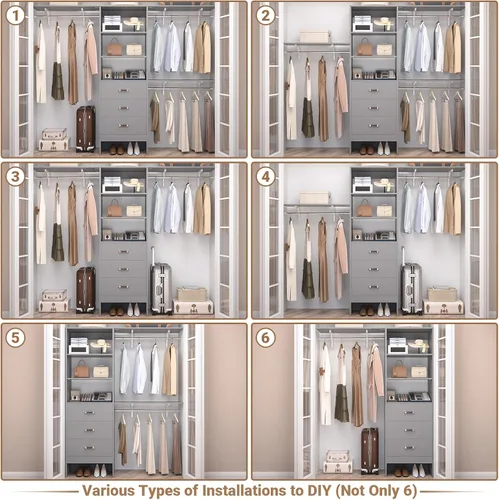 Vista 5 de Besiost - Sistema de armario con cajones - Sistema organizador de armario de madera de 8 pies con 3 varillas para colgar y torre de estanterías