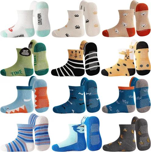 Vista 11 de Tphon - Calcetines antideslizantes para bebés y niños pequeños, 12 pares con agarre, calcetines de tripa para niños de 0 a 7 años, niños y niñas