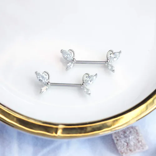Vista 9 de CHARM ONLINE 2PCS 14G 316L Stainless Steel Clear Butterfly CZ Nipple Rings Barbell Crystal Nipple Piercings Jewelry for Women