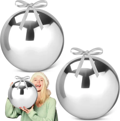 Vista 8 de Zubebe 2 adornos de Navidad gigantes rellenables de 8 pulgadas con cintas, bolas de Navidad de plástico de gran tamaño para decoración de césped al