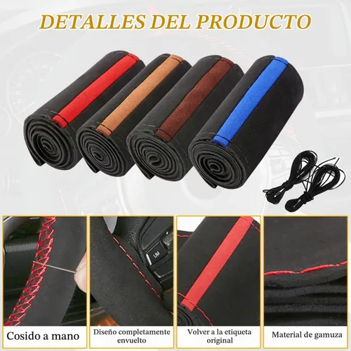 Vista 4 de Funda para volante de automóvil, protector envolvente completo de gamuza suave para volante con costura, con aguja e hilo, agarre cómodo, accesorios