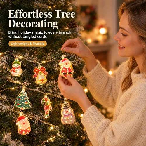 Vista 2 de Guirnalda de 10 luces LED para decoración de árbol de Navidad, Papá Noel, bastón de caramelo, muñeco de nieve, funciona con pilas, para dormitorio