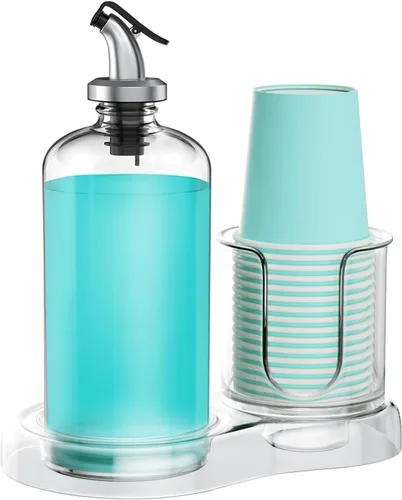 Vista 8 de Dispensador de Enjuague Bucal de Vidrio con Portavasos, BYAWAY Juego de Enjuague Bucal para Baño, Contenedor de Botella de Enjuague Bucal Recargable