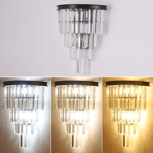 Vista 6 de Aplique de pared de cristal negro, moderno K9 de 4 niveles, lámpara de pared de cristal transparente para sala de estar, dormitorio, espejo