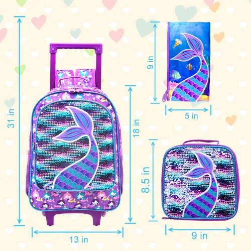 Vista 4 de 3 mochilas con ruedas para niñas, mochila escolar con ruedas y bolsa de almuerzo, sirena
