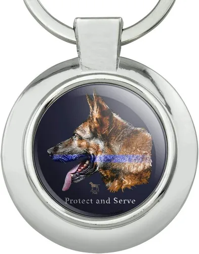 Vista 3 de Protect and Serve K9 Police Thin Blue Line - Llavero de perro de pastor alemán con clase redonda de metal cromado