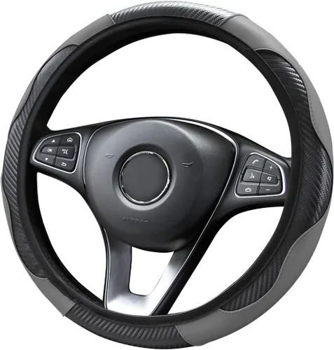 Vista 14 de Funda universal de microfibra para volante de automóvil, de piel sintética, elástica, 15 pulgadas, costuras de color, antideslizante, protector