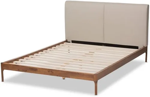 Vista 5 de Baxton Studio Aveneil Mid-Century - Cama tapizada de tela beige con acabado de nogal tamaño matrimonial