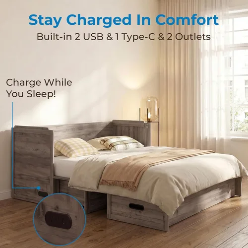 Vista 5 de Mjkone Murphy Bed Queen Size, Cabinet Bed with Built-in USB Charging Station & Storage Drawers, Hidden Queen Murphy Wall Beds Cabinet Beds No