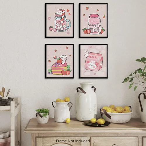 Vista 4 de Decoración de pared de anime japonés Kawaii para comedor, bonita decoración de cocina rosa, carteles estéticos de conejo y fresa, impresiones