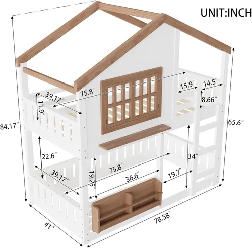 Vista 2 de Cama de Casa Tamaño Twin con Elegantes Ventanas y Estantería, Marco de Litera con Diseño de Castillo de Madera con Barandillas de Seguridad