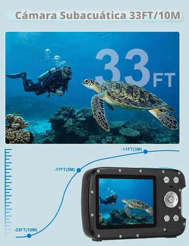 Vista 2 de Cámara impermeable 5K, cámara subacuática de 96 MP y 33 pies con pantallas duales, cámara digital de enfoque automático para esnórquel, buceo, surf