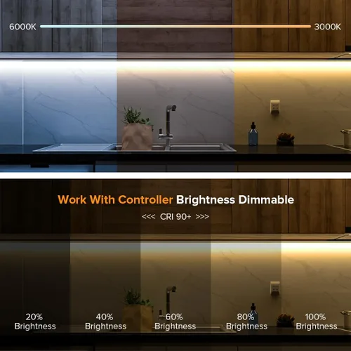 Vista 3 de BTF-LIGHTING - Tira de luz LED COB blanca sintonizable de 3000K-6000K con control remoto RF, CRI 90+ DC12V 16.4 pies regulable CCT ultra brillante