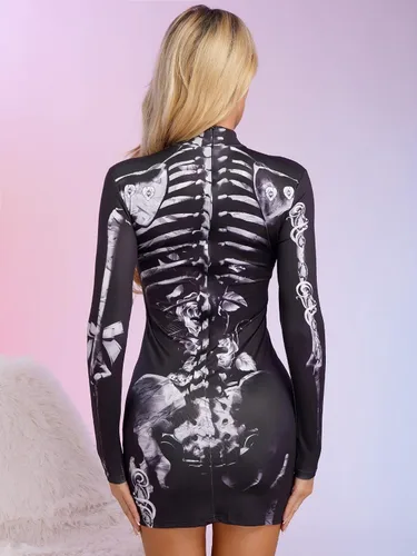 Vista 4 de Disfraz de Halloween para mujer, diseño de esqueleto, manga larga, elástico, minivestido casual