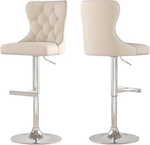 Vista 32 de Juego de 2 taburetes de bar giratorios de terciopelo con respaldo copetudo y base dorada, beige Adjustable Counter Height Barstools with Soft