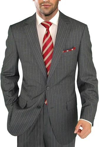 Vista 2 de Chaqueta de traje de 2 piezas con dos botones para hombre, pantalones delanteros planos a rayas