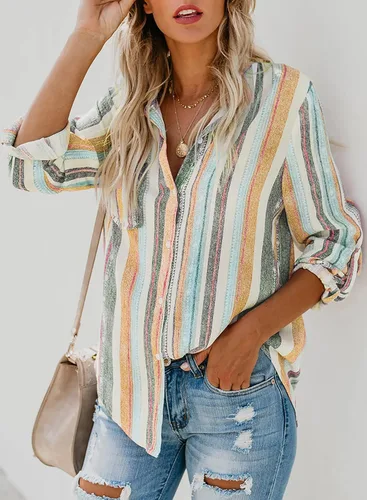 Vista 4 de Astylish Blusa con botones y manga enrollable, cuello en V, a rayas, para mujer