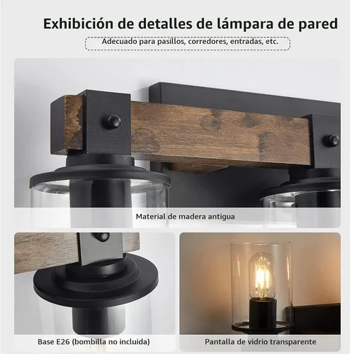 Vista 3 de DUJAHMLAND Lámpara de tocador de granja, lámpara de pared de madera de baño de 3 luces sobre espejo con pantalla de vidrio transparente, iluminación