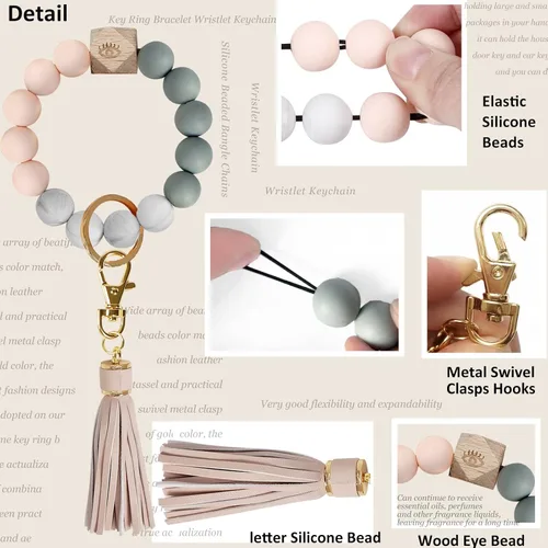 Vista 3 de BIHRTC - Pulserallavero para enganchar las llaves del auto, brazalete con cuentas de silicona para mujer