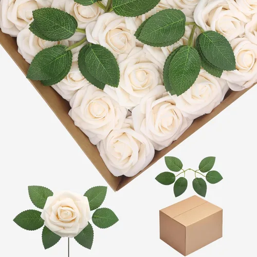 Vista 62 de Flores artificiales, rosas falsas de espuma de aspecto real, combo de flores artificiales de boda para ramos de boda, centros de mesa, arreglos