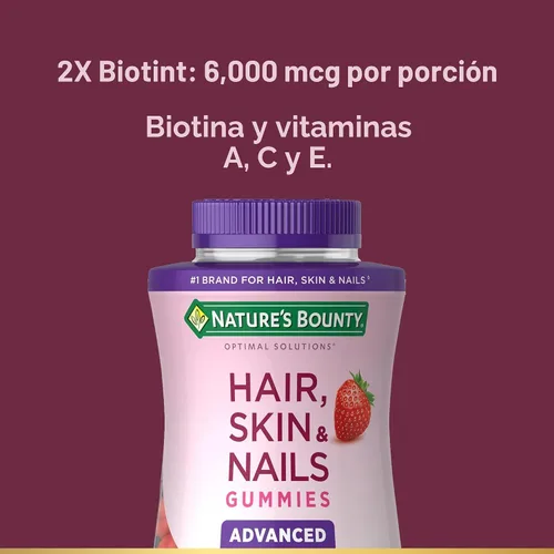 Vista 3 de Nature's Bounty Optimal Solutions Advanced Hair, Skin Nails, 2X Biotina, 80 gomitas de fresa, 40 porciones en total 80 gomitas de fresa, 40