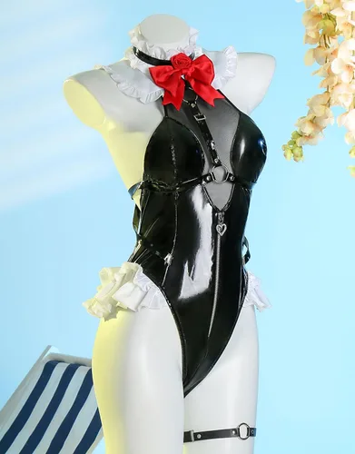 Vista 2 de miccostumes Disfraz de animé para mujer, disfraz gótico de sirvienta y calcetines con tocado