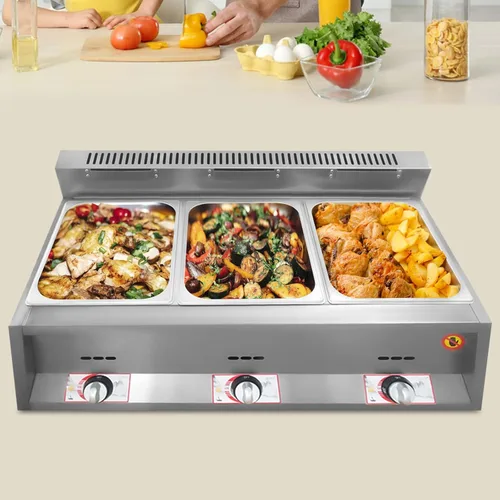 Vista 4 de Calentador de alimentos comercial, freidora de gas para encimera, calentador de sopa de alimentos, mesa de vapor con tapas para fiestas, catering