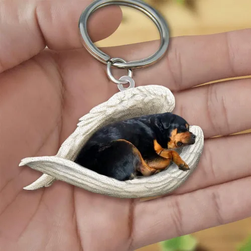Vista 2 de REGODS Rottweiler - Llavero acrílico con diseño de alas de ángel blancas para perro, regalo para amantes, decorativo de 2 caras, para mujeres
