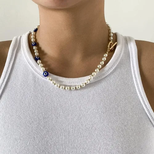 Vista 6 de Collar turco de mal de ojo, collar de ojo turco con cuentas de acrílico vintage, collar de cadena de clavícula, collar de cadena unisex a juego