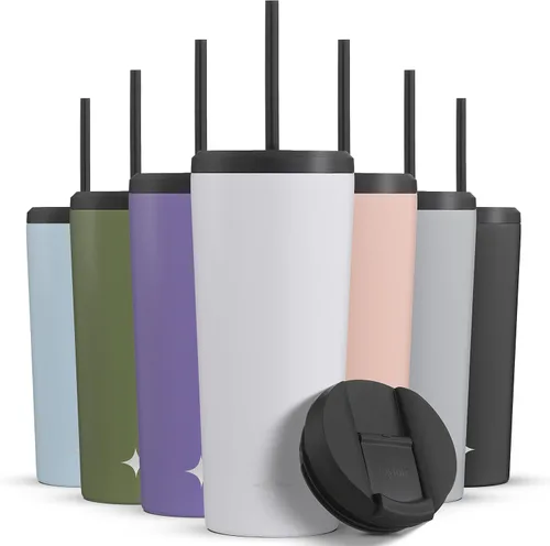 Vista 11 de JoyJolt Vaso de 20 onzas con triple aislamiento con tapa y popote (2 cada uno) de acero inoxidable de doble pared al vacío, con forro de cobre