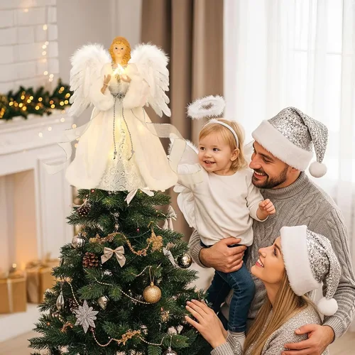 Vista 2 de HOHOTIME Adorno para la Copa del Árbol de Ángel de 12'' con Alas de Plumas Blancas y Falda Plateada, Adorno para la Copa del Árbol de Navidad