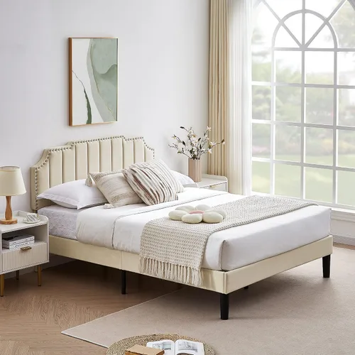 Vista 3 de VECELO Base de cama tamaño Queen tapizada con cabecera ajustable copetuda/base de colchón con soporte de listones de madera, fácil montaje, beige
