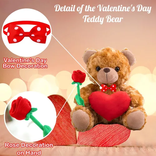 Vista 4 de Oso de peluche personalizado con foto y texto personalizado en el corazón, oso de peluche de San Valentín con lazo y rosa como regalo Im Sorry