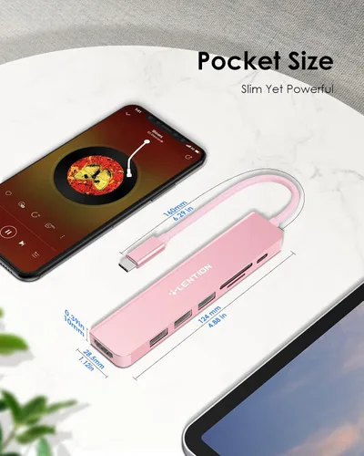 Vista 6 de LENTION Hub USB C 7 en 1, HDMI 4K a 60Hz, PD de 100 W, lector de tarjetas Oro Rosa