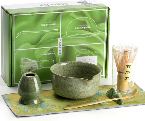 Vista 9 de Juego de batidor de matcha, 18 onzas, 7 piezas, kit de matcha japonés, incluye cuenco de matcha con boquilla, batidor de bambú, soporte de Chasen