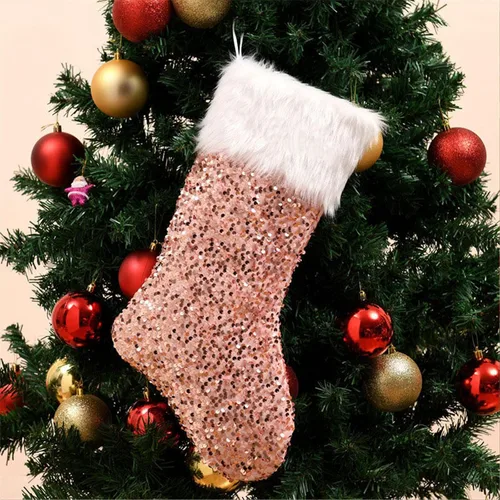 Vista 7 de Drawelry Calcetines de Navidad Medias de lentejuelas rosas: decoración familiar personalizada, adorno colgante para chimenea, temporada de Navidad