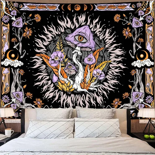 Vista 4 de Lifeella Tapiz de hongos morados, ojos hippie con hojas florales, tapices de fase lunar para dormitorio, grunge, para colgar en la pared, 36 x 48