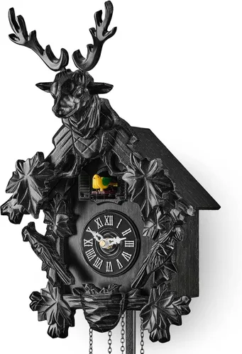 Vista 5 de TIMEGEAR Reloj de cuco con modo nocturno automático, movimiento de cuarzo y cabeza de ciervo tallada (negro)