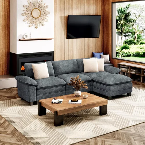 Vista 27 de Sofá seccional en forma de U de 123 pulgadas con cojines tipo nube, juego de sofá modular de asiento profundo con 5 asientos y 2 otomanos, brazos
