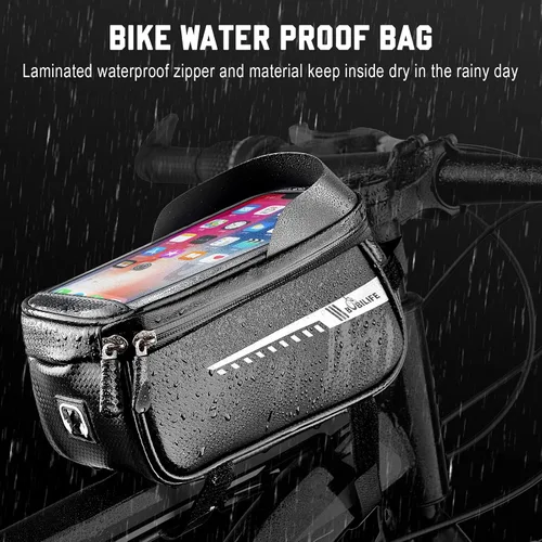 Vista 7 de Bolsa para marco de bicicleta con soporte para teléfono celular, bolsa de tubo frontal impermeable para bicicleta con funda de teléfono compatible
